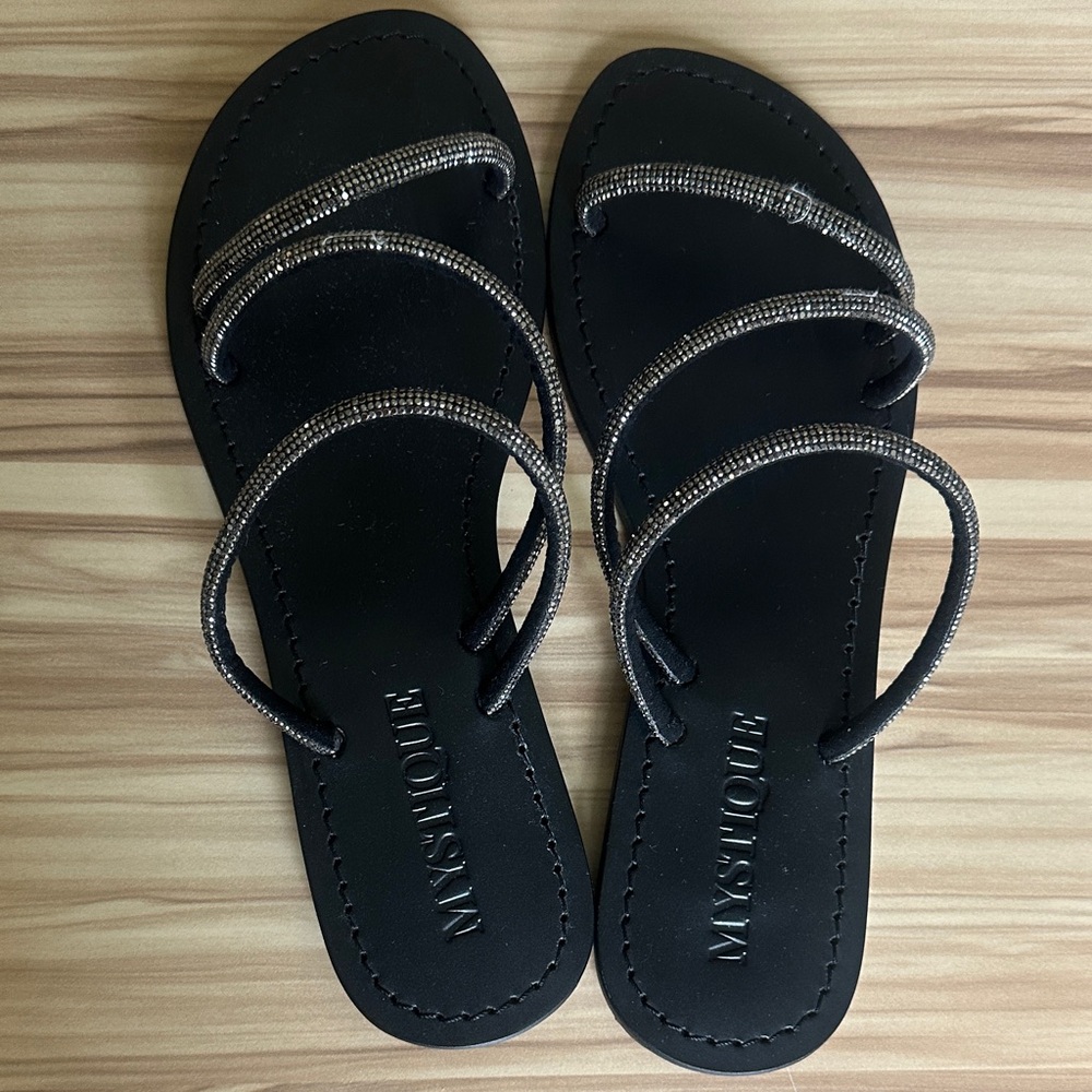 Mystique Boutique Black Strappy Rhinestone-Trim Flat Sandals
